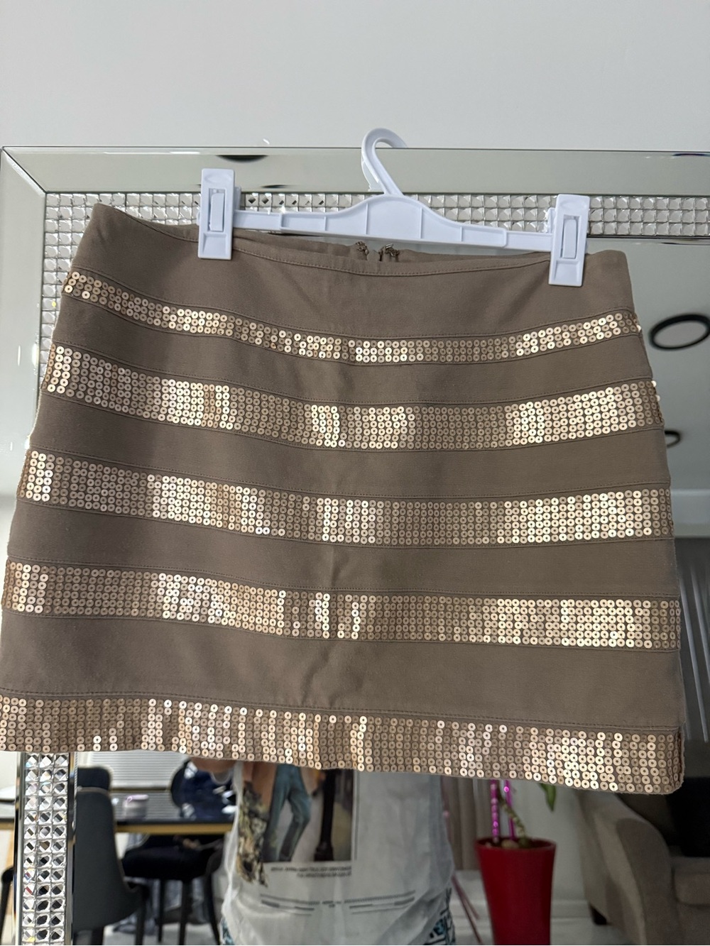 Express Taupe Mini Skirt with Gold Sequin Stripes
